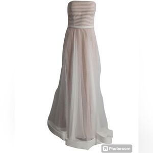 La Femme Blush Mesh Overlay Strapless Formal A Line Nude Illusion Evening Gown